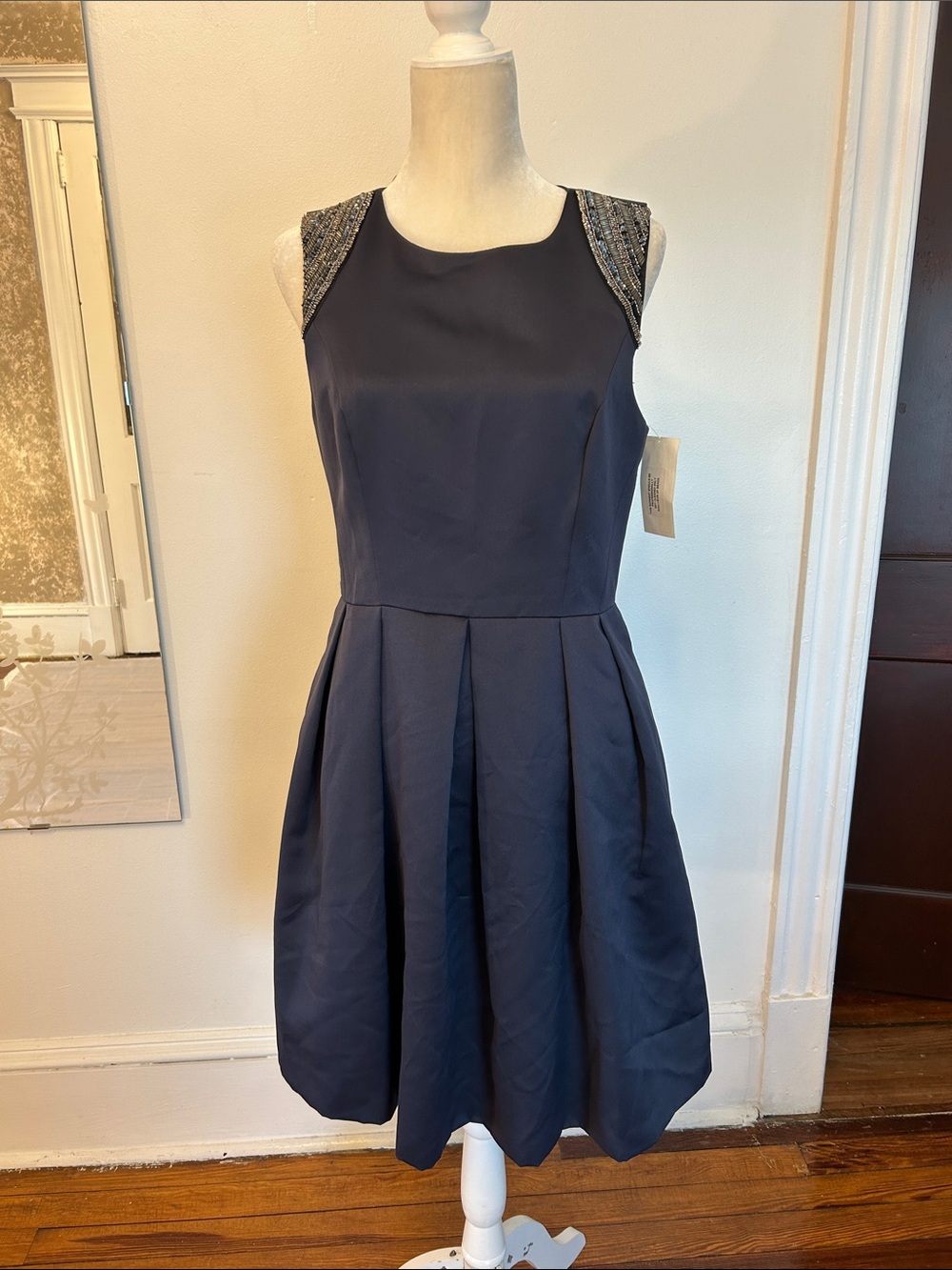 Shoshanna Navy Sleeveless Fit-and-Flare Dress with Beaded Shoulders